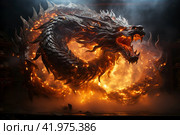 Ferocious fire-breathing dragon, a scary mystical creature, AI Generated. Стоковое AI-изображение, AI-художник Станислав Тарко / Фотобанк Лори