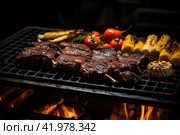 Gaucho cooking the meat on the fire, making the barbecue on the coals, Photos and menus of cafes and restaurants, Magazines. Стоковое AI-изображение, AI-художник Ирина Ручушкина / Фотобанк Лори