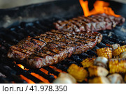 Gaucho cooking the meat on the fire, making the barbecue on the coals, Photos and menus of cafes and restaurants, Magazines. Стоковое AI-изображение, AI-художник Ирина Ручушкина / Фотобанк Лори