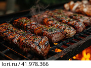 Gaucho cooking the meat on the fire, making the barbecue on the coals, Photos and menus of cafes and restaurants, Magazines. Стоковое AI-изображение, AI-художник Ирина Ручушкина / Фотобанк Лори