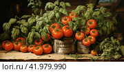 Juicy tomatoes nestled among lush green basil leaves.Generative AI. Стоковое AI-изображение, AI-художник Анна Кривицкая / Фотобанк Лори