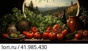 Juicy tomatoes nestled among lush green basil leaves.Generative AI. Стоковое AI-изображение, AI-художник Анна Кривицкая / Фотобанк Лори
