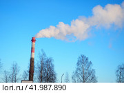 Smoke from a factory chimney. Ecological pollution. Air emissions polluting forest. Industrial waste. Industry metallurgical plant emissions. Smog and bad ecology. Central heating of CHP in winter. Стоковое фото, фотограф Юлия Петровская / Фотобанк Лори