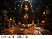 Woman reading tarot cards in spiritual room. Tarot cards in fortune teller hands. Woman mixes tarot cards deck on wooden desk table. Reading future. Стоковое AI-изображение, AI-художник Ирина Михайличенко / Фотобанк Лори