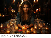 Woman reading tarot cards in spiritual room. Tarot cards in fortune teller hands. Woman mixes tarot cards deck on wooden desk table. Reading future. Стоковое AI-изображение, AI-художник Ирина Михайличенко / Фотобанк Лори