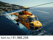 Coast Guard Helicopter Search and Rescue descending on ship at blue sea. Стоковое AI-изображение, AI-художник Ирина Михайличенко / Фотобанк Лори