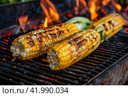 Fresh and delicious grilled corn, Image for menu, cafe, restaurant. Стоковое AI-изображение, AI-художник Ирина Ручушкина / Фотобанк Лори