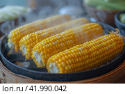 Fresh and delicious grilled corn, Image for menu, cafe, restaurant. Стоковое AI-изображение, AI-художник Ирина Ручушкина / Фотобанк Лори