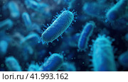 Microscopic blue bacteria in the microcosm. Стоковое AI-изображение, AI-художник Кирилл Черезов / Фотобанк Лори