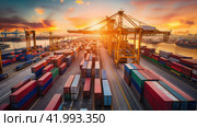Global Logistics Port with Containers. Стоковое AI-изображение, AI-художник Кирилл Черезов / Фотобанк Лори