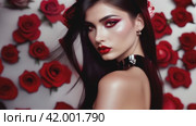 Beautiful brunette with red roses: true grace and elegance. Стоковое AI-видео, аниматор Юрий Поздников / Фотобанк Лори