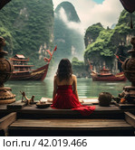 a woman in a red skirt is sitting in a boat with an airplane on the dock. Стоковое AI-изображение, AI-художник Юлия Гапеенко / Фотобанк Лори