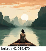 a woman is sitting in a rowboat looking at mountains. Стоковое AI-изображение, AI-художник Юлия Гапеенко / Фотобанк Лори