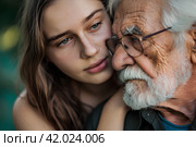 Девушка обнимает пожилого мужчину. Стоковое AI-изображение, AI-художник Щеголева Ольга / Фотобанк Лори