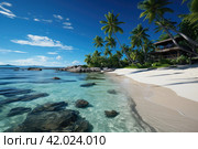 Wide sandy beach on a tropical island in Maldives. Coconut palms and water lodge on Indian Ocean. Стоковое AI-изображение, AI-художник Ирина Михайличенко / Фотобанк Лори