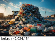 Garbage dump made of plastic bottles. Significant pile of domestic waste emphasizing the pressing environmental issue of overconsumption and subsequent waste generation. Стоковое AI-изображение, AI-художник Ирина Михайличенко / Фотобанк Лори