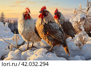 Roosters  in the village in winter,Generative AI. Стоковое AI-изображение, AI-художник Анна Кривицкая / Фотобанк Лори
