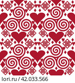 Seamless pattern with pink hearts and spirals, Valentines Day background. Стоковая иллюстрация, иллюстратор Iva Noel / Фотобанк Лори