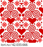 Seamless pattern with red hearts and spirals, Valentines Day background. Стоковая иллюстрация, иллюстратор Iva Noel / Фотобанк Лори