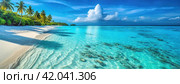 Tropical beach with clear turquoise water, white sand, and palm trees. A serene coastline with crystal waters invites relaxation in a paradisiacal setting. Стоковое AI-изображение, AI-художник Igor Tichonow / Фотобанк Лори