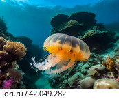 Jellyfish (Cubozoa) swimming in tropical underwaters bottom view. Medusa in underwater wild animal world. Observation of wildlife ocean. Scuba diving in Ecuador coast. Copy text space. Стоковое AI-изображение, AI-художник Aleksandr Golubev / Фотобанк Лори