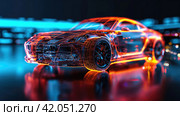 A model of a car assembled from glowing lines. Стоковое AI-изображение, AI-художник Кирилл Черезов / Фотобанк Лори