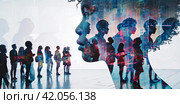 Illustration of a double-exposure banner depicting a silhouette of a girl and silhouettes of a group of smaller people on a white background. Стоковое AI-изображение, AI-художник Ярославский Максим / Фотобанк Лори