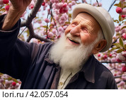 Человек осматривает плодовое дерево в момент цветения. Стоковое AI-изображение, AI-художник Роберт Спиридонов / Фотобанк Лори