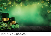 A St. Patrick's Day postcard with leprechaun treasures and a pot of gold coins, a green hat and a shamrock. Стоковое AI-изображение, AI-художник Ярославский Максим / Фотобанк Лори