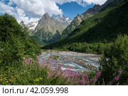 View of the Dombay-Ulgen gorge in the mountains of the North Caucasus near the village of Dombay on a sunny summer day, Karachay-Cherkessia, Russia. Стоковое фото, фотограф Ula Ulachka / Фотобанк Лори