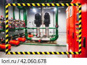 Unsafe industrial room from barrier black yellow lines, danger zone, do not enter. Barrier warning frame types on closed industry area inside. Production shutdown concept, no open. Copy ad text space. Стоковая иллюстрация, иллюстратор Aleksandr Golubev / Фотобанк Лори