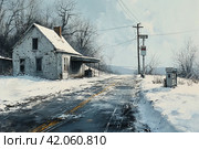 Winter gas station, gray tones, snowy landscap. ,Generative AI. Стоковое AI-изображение, AI-художник Анна Кривицкая / Фотобанк Лори