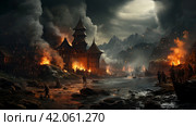 Burning medieval village. ,Generative AI. Стоковое AI-изображение, AI-художник Анна Кривицкая / Фотобанк Лори