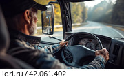 Truck driver behind the wheel. Стоковое AI-изображение, AI-художник Кирилл Черезов / Фотобанк Лори
