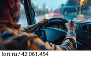 Truck driver behind the wheel. Стоковое AI-изображение, AI-художник Кирилл Черезов / Фотобанк Лори