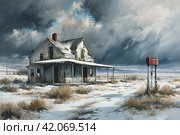 Winter gas station, gray tones, snowy landscap. ,Generative AI. Стоковое AI-изображение, AI-художник Анна Кривицкая / Фотобанк Лори