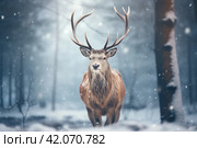 a stag in the snow with a large horn. Стоковое AI-изображение, AI-художник Юлия Гапеенко / Фотобанк Лори
