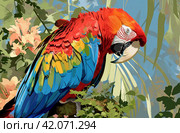 macaw in the wild garden, bold chromaticity. Стоковое AI-изображение, AI-художник Юлия Гапеенко / Фотобанк Лори
