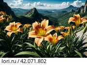 Generative Ai illustration of daylily flowers at mountains backgrounds. Nature wallpaper concept. Cartoon illustration. Copy ad text space. Стоковое AI-изображение, AI-художник Aleksandr Golubev / Фотобанк Лори