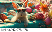 an Easter bunny wearing sunglasses is crammed into a car carrying easter eggs. Стоковое AI-изображение, AI-художник Юлия Гапеенко / Фотобанк Лори