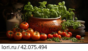 Juicy tomatoes nestled among lush green basil leaves.Generative AI. Стоковое AI-изображение, AI-художник Анна Кривицкая / Фотобанк Лори