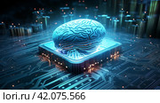 A big blue brain sitting on top of a circuit board and being covered by lines,Generative AI. Стоковое AI-изображение, AI-художник Анна Кривицкая / Фотобанк Лори