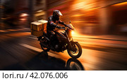 A courier on a moped with a cargo box is rushing to deliver goods to recipients on a city street in the early morning. Long exposure time. Front view on the right. The concept of delivery in a big city. Generated by AI. Стоковое AI-изображение, AI-художник Ярославский Максим / Фотобанк Лори