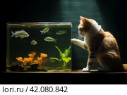 Curious cat watching the fish in the aquarium on dark background. AI generated. Стоковое AI-изображение, AI-художник Александра Селина / Фотобанк Лори