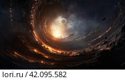 A banner with a cosmic landscape with a meteor shower and a large planet. Стоковое AI-изображение, AI-художник Ярославский Максим / Фотобанк Лори