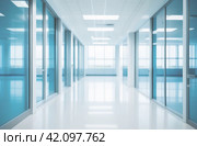 Empty corridor in modern Hospital ICU blurred background. Blur defocused interior of modern clinic. Abstract defocused corridor of medical centre, laboratory, lab. Healthcare and medicine concept. Стоковое AI-изображение, AI-художник Марина Демидюк / Фотобанк Лори