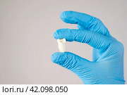 Wisdom teeth extraction, close-up tooth on gloved hand on gray background. Стоковое фото, фотограф Станислав Тарко / Фотобанк Лори
