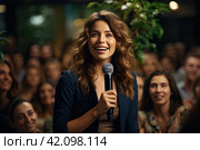 Show woman. Female entertainer, presenter, actor with microphone performing on stage. Smiling female hold mic speak in front of audience. Performance concept. used for banner, web image, presentation. Стоковое AI-изображение, AI-художник Ирина Михайличенко / Фотобанк Лори