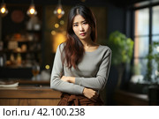 Flatulence ulcer, asian young woman, girl hands in belly, stomach pain from food poisoning, abdominal pain and digestive problem, gastritis or diarrhoea. Abdomen inflammation, menstrual period people. Стоковое AI-изображение, AI-художник Ирина Михайличенко / Фотобанк Лори