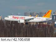 Самолет Airbus A320 Neo авиакомпании "Pegasus" заходит на посадку в аэропорту Пулково (2016 год). Редакционное фото, фотограф Сергей Крамарев / Фотобанк Лори